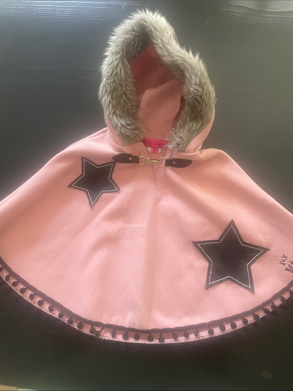 Betsey Johnson Pink Hooded Poncho with Faux Fur Trim and Gold Hardware
